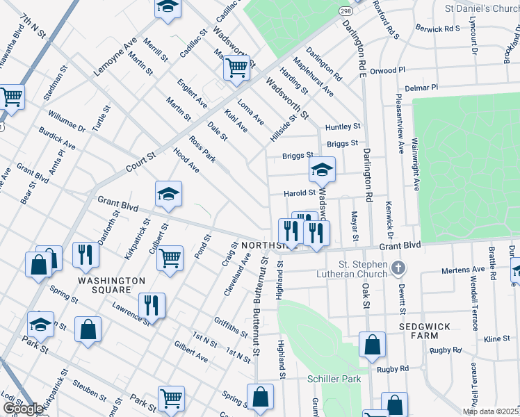 map of restaurants, bars, coffee shops, grocery stores, and more near 117 Ross Park in Syracuse