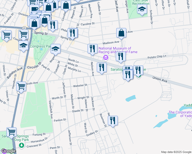 map of restaurants, bars, coffee shops, grocery stores, and more near 138 Nelson Avenue in Saratoga Springs