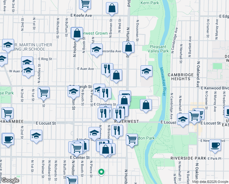 map of restaurants, bars, coffee shops, grocery stores, and more near 3053 North Bremen Street in Milwaukee
