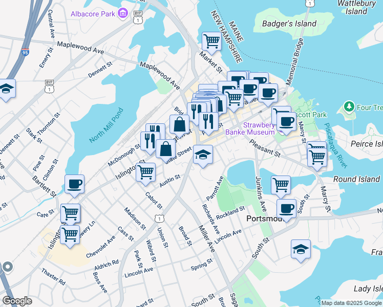map of restaurants, bars, coffee shops, grocery stores, and more near 134 Middle Street in Portsmouth