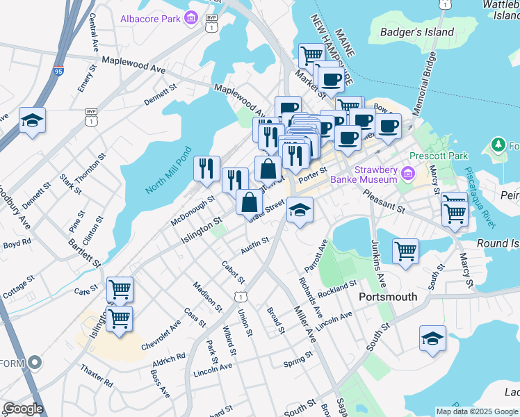 map of restaurants, bars, coffee shops, grocery stores, and more near 579 State Street in Portsmouth