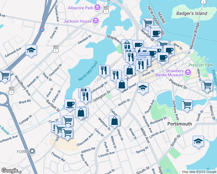 map of restaurants, bars, coffee shops, grocery stores, and more near 26 Cornwall Street in Portsmouth