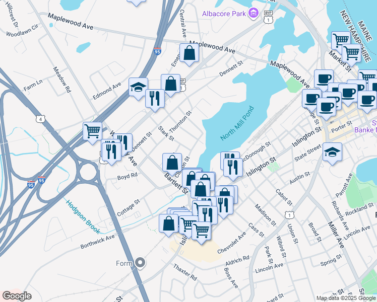 map of restaurants, bars, coffee shops, grocery stores, and more near 30 Pine Street in Portsmouth