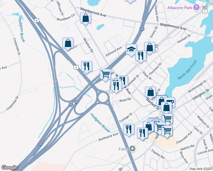 map of restaurants, bars, coffee shops, grocery stores, and more near 605 U.S. 1 Bypass in Portsmouth
