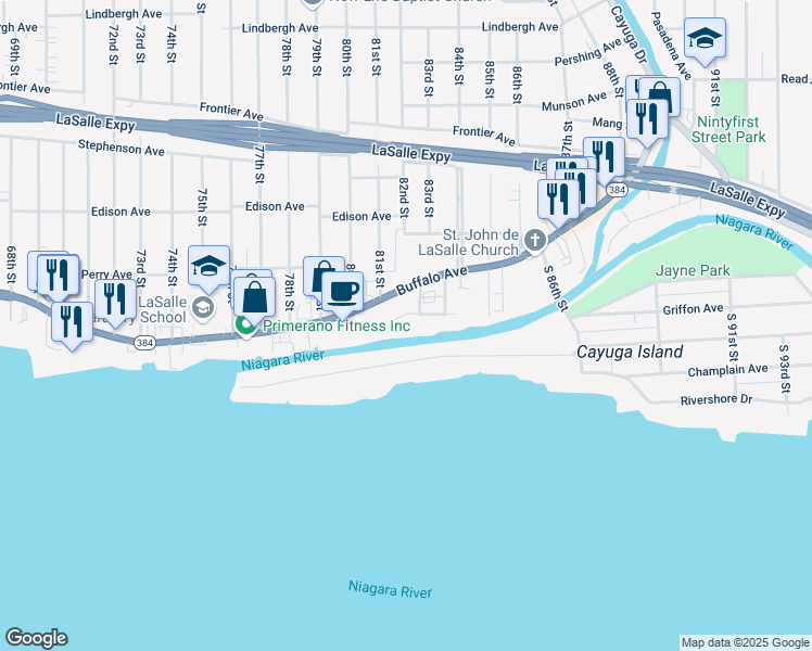 map of restaurants, bars, coffee shops, grocery stores, and more near 8121 Valle Drive in Niagara Falls