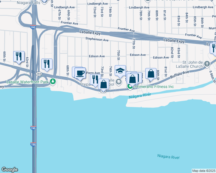 map of restaurants, bars, coffee shops, grocery stores, and more near 7328 Buffalo Avenue in Niagara Falls