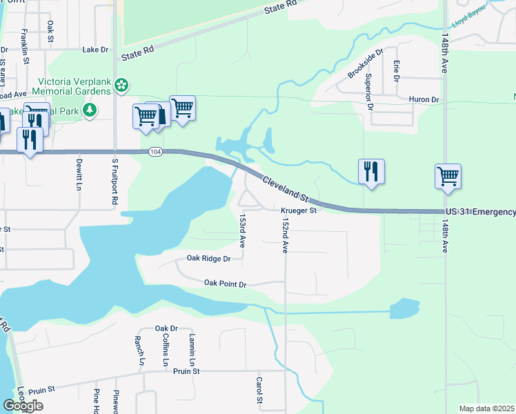 map of restaurants, bars, coffee shops, grocery stores, and more near 15262 Krueger Street in Spring Lake
