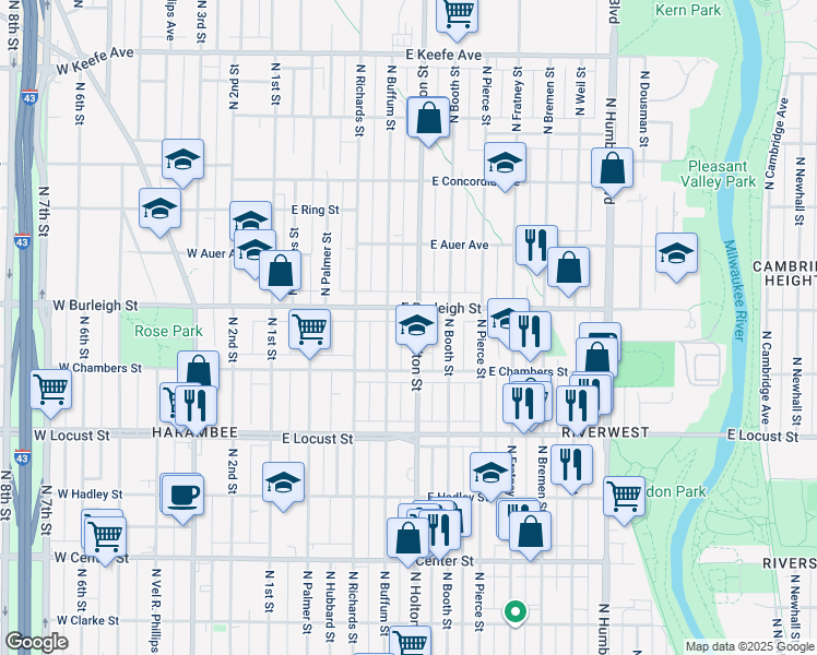map of restaurants, bars, coffee shops, grocery stores, and more near 3046 North Buffum Street in Milwaukee