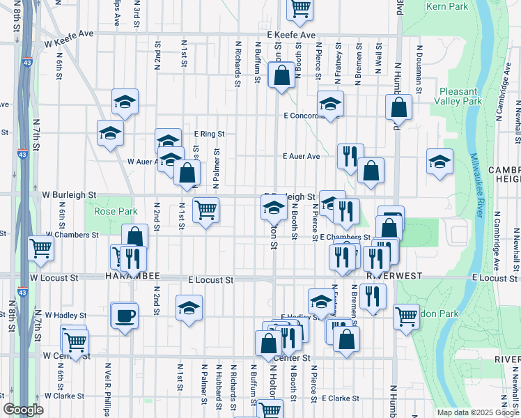 map of restaurants, bars, coffee shops, grocery stores, and more near 3046 North Buffum Street in Milwaukee