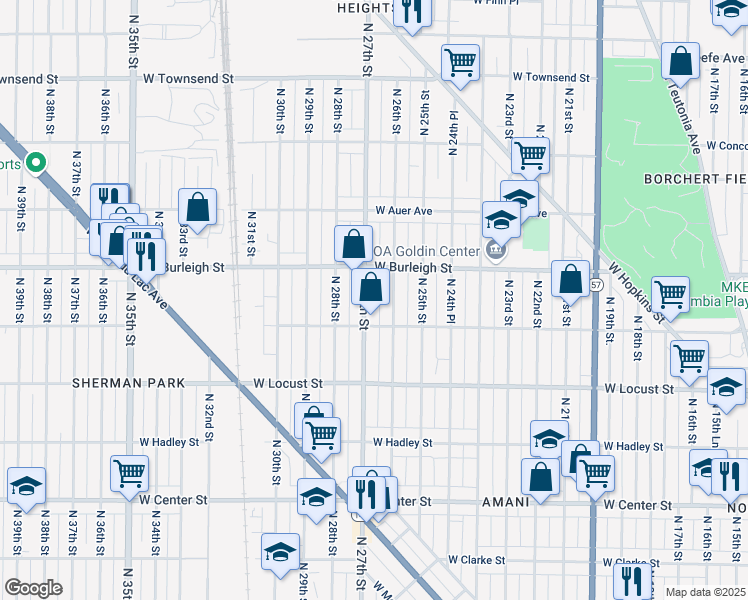map of restaurants, bars, coffee shops, grocery stores, and more near 3027 North 26th Street in Milwaukee