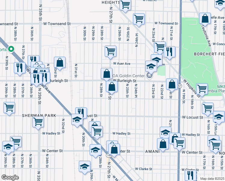 map of restaurants, bars, coffee shops, grocery stores, and more near 3027 North 26th Street in Milwaukee