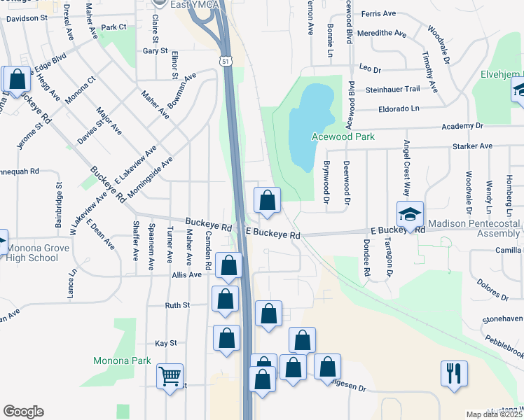 map of restaurants, bars, coffee shops, grocery stores, and more near 1713 Blossom Lane in Madison