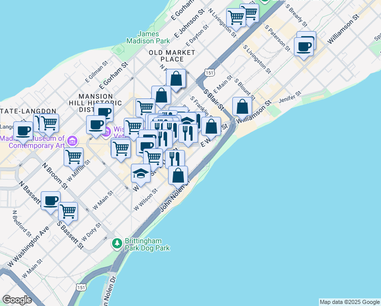map of restaurants, bars, coffee shops, grocery stores, and more near 137 East Wilson Street in Madison