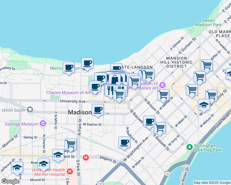 map of restaurants, bars, coffee shops, grocery stores, and more near 425 North Frances Street in Madison