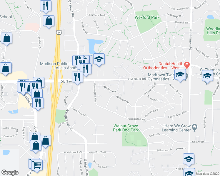 map of restaurants, bars, coffee shops, grocery stores, and more near 7540 Widgeon Way in Madison