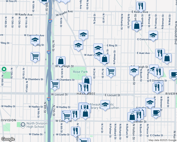 map of restaurants, bars, coffee shops, grocery stores, and more near 3056 North Doctor Martin Luther King Junior Drive in Milwaukee