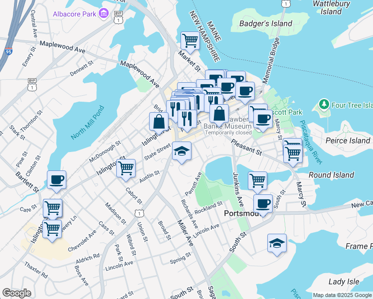 map of restaurants, bars, coffee shops, grocery stores, and more near 28 Mark Street in Portsmouth