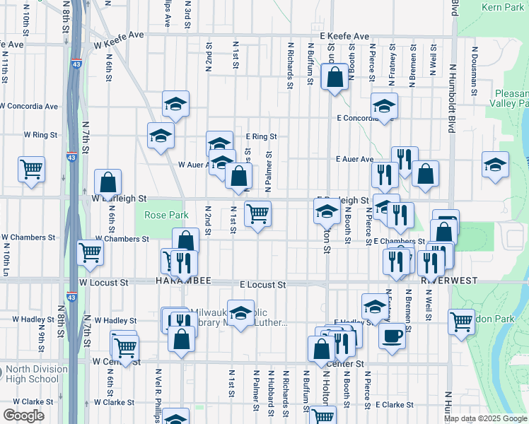 map of restaurants, bars, coffee shops, grocery stores, and more near 3056 North Palmer Street in Milwaukee