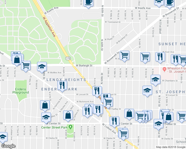 map of restaurants, bars, coffee shops, grocery stores, and more near 3029 North 61st Street in Milwaukee