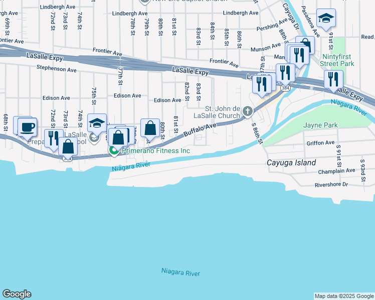 map of restaurants, bars, coffee shops, grocery stores, and more near 8121 Valle Drive in Niagara Falls