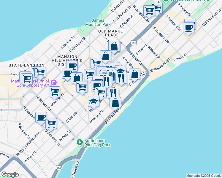 map of restaurants, bars, coffee shops, grocery stores, and more near 111 King Street in Madison