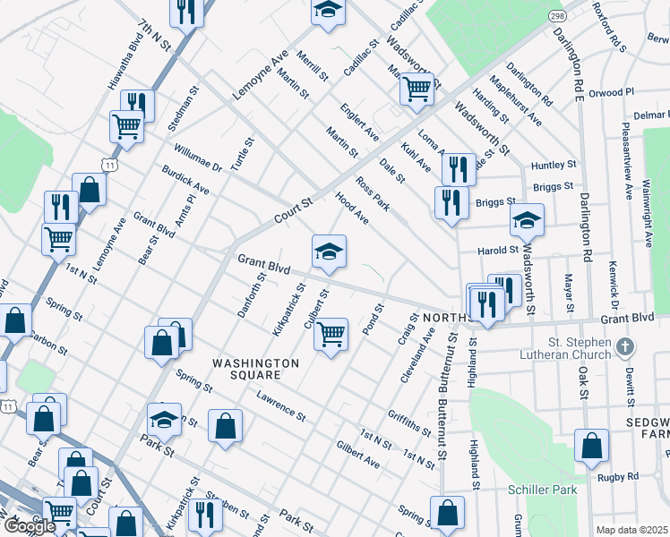 map of restaurants, bars, coffee shops, grocery stores, and more near 2400 Grant Boulevard in Syracuse