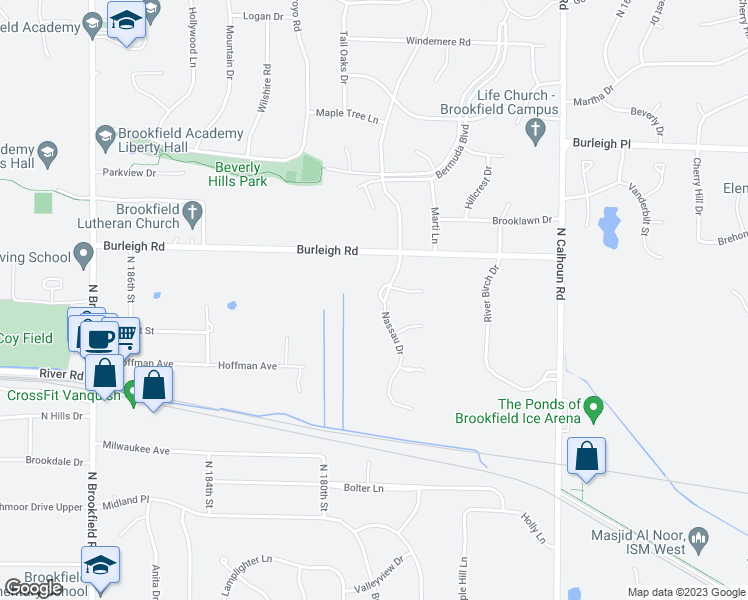 map of restaurants, bars, coffee shops, grocery stores, and more near 3025 Nassau Drive in Brookfield