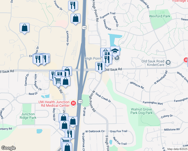 map of restaurants, bars, coffee shops, grocery stores, and more near 21 North High Point Court in Madison