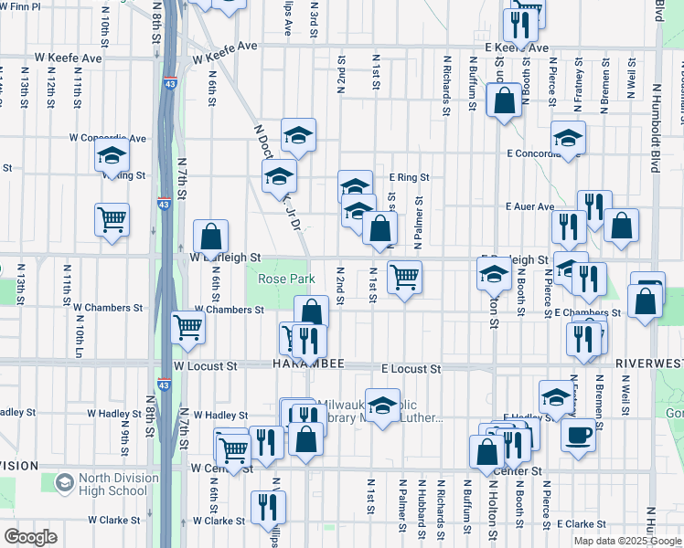 map of restaurants, bars, coffee shops, grocery stores, and more near 3042 North 2nd Street in Milwaukee