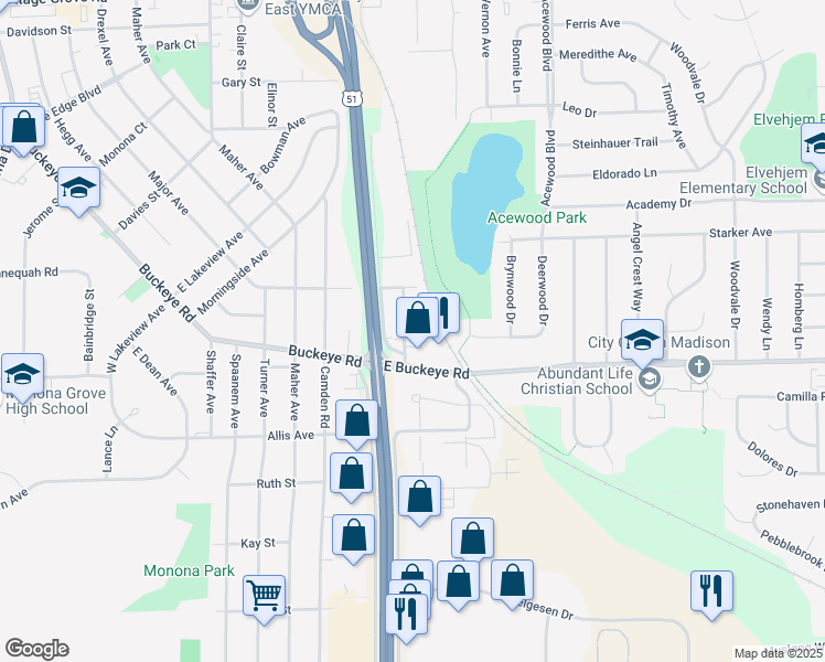 map of restaurants, bars, coffee shops, grocery stores, and more near 1713 Blossom Lane in Madison