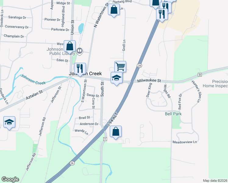 map of restaurants, bars, coffee shops, grocery stores, and more near 111 South Street in Johnson Creek