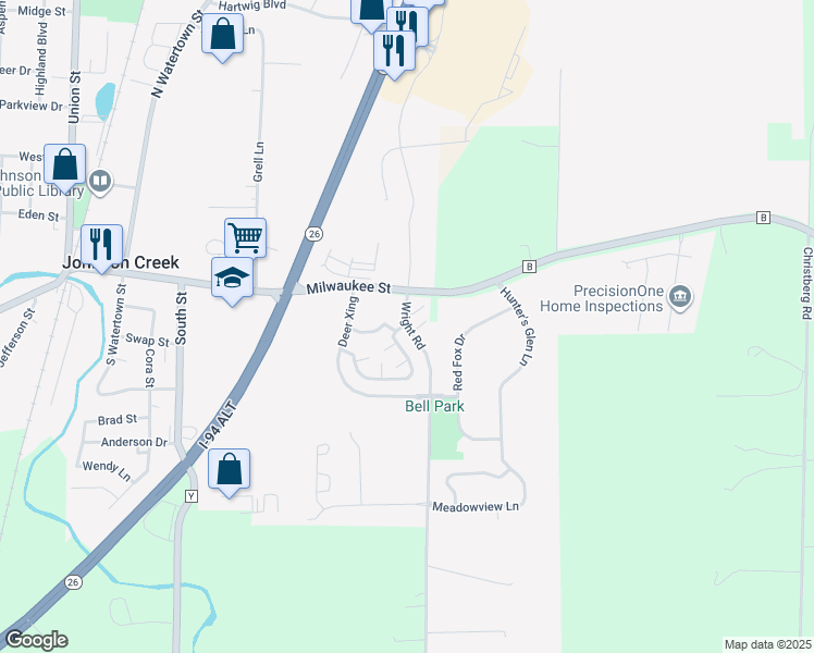 map of restaurants, bars, coffee shops, grocery stores, and more near 102 Wright Road in Johnson Creek