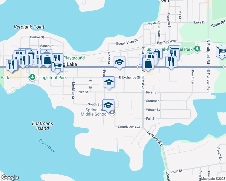 map of restaurants, bars, coffee shops, grocery stores, and more near 415 River Street in Spring Lake