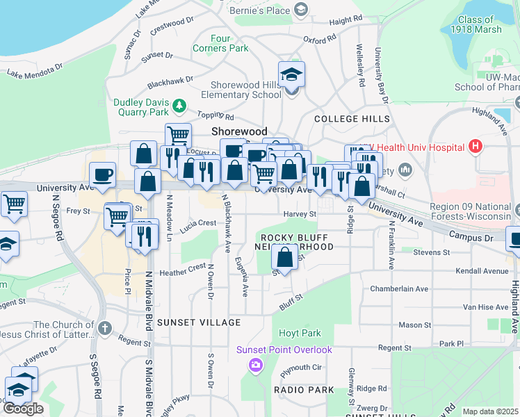 map of restaurants, bars, coffee shops, grocery stores, and more near 641 Eugenia Avenue in Madison