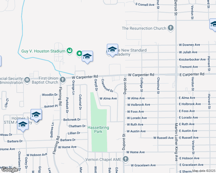 map of restaurants, bars, coffee shops, grocery stores, and more near 6924 Cranwood Drive in Flint