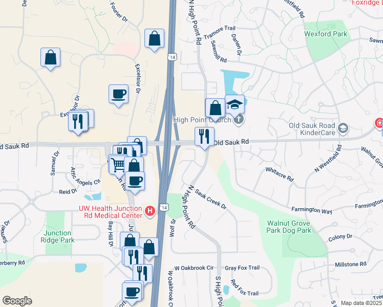 map of restaurants, bars, coffee shops, grocery stores, and more near 21 North High Point Court in Madison