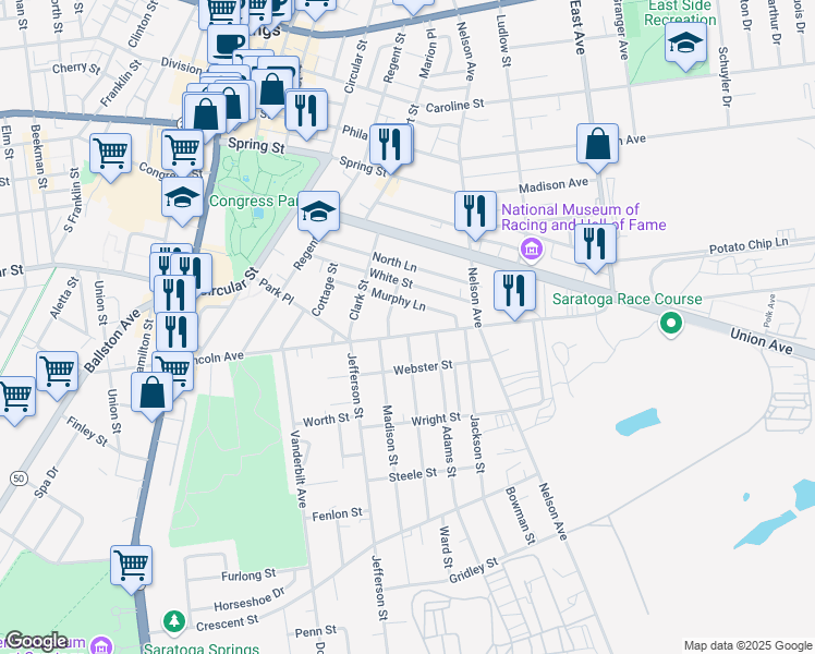 map of restaurants, bars, coffee shops, grocery stores, and more near 122 Lincoln Avenue in Saratoga Springs