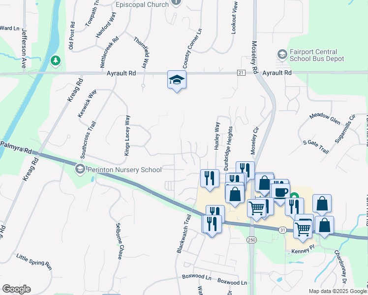 map of restaurants, bars, coffee shops, grocery stores, and more near 7 Arrowhead Way South in Fairport
