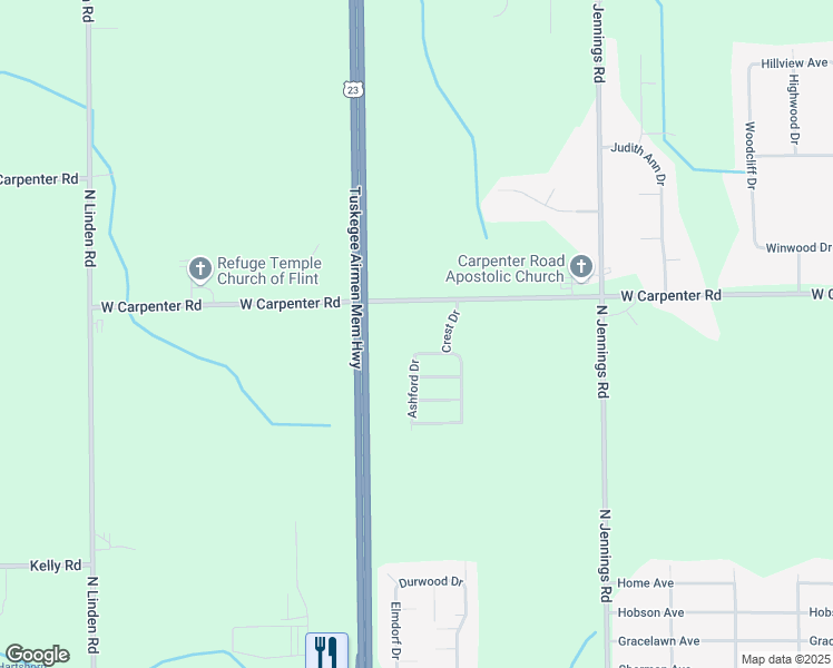 map of restaurants, bars, coffee shops, grocery stores, and more near 99 Elm Tree in Flint
