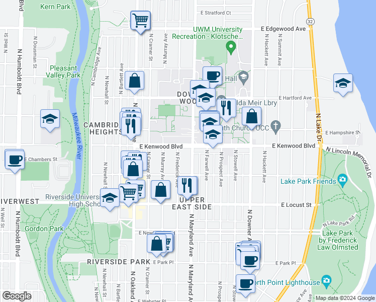 map of restaurants, bars, coffee shops, grocery stores, and more near 3051 North Maryland Avenue in Milwaukee