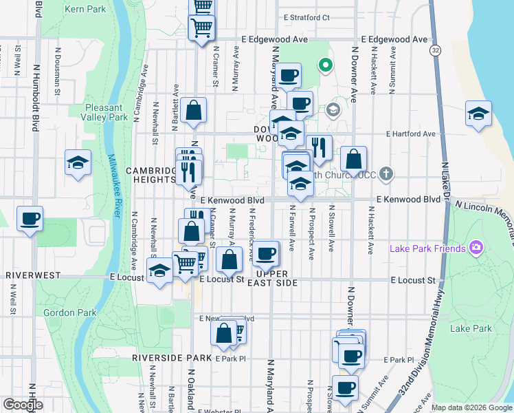 map of restaurants, bars, coffee shops, grocery stores, and more near 3051 North Maryland Avenue in Milwaukee