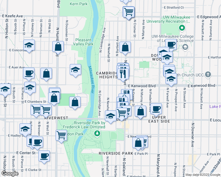 map of restaurants, bars, coffee shops, grocery stores, and more near 3051 North Bartlett Avenue in Milwaukee