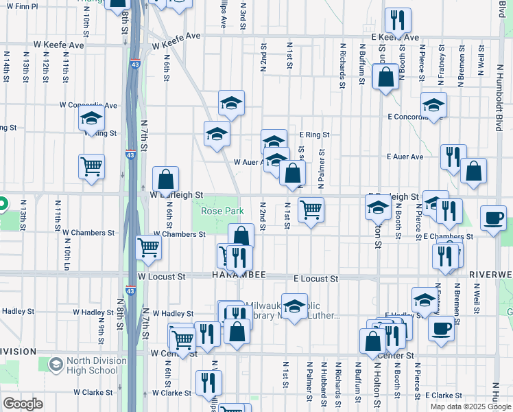 map of restaurants, bars, coffee shops, grocery stores, and more near 3056 North Doctor Martin Luther King Junior Drive in Milwaukee
