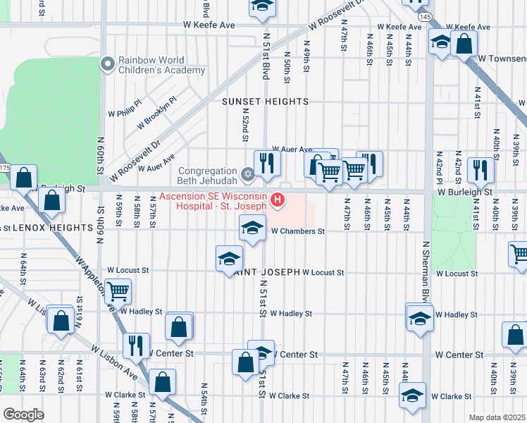 map of restaurants, bars, coffee shops, grocery stores, and more near 46 North 52nd Street in Milwaukee