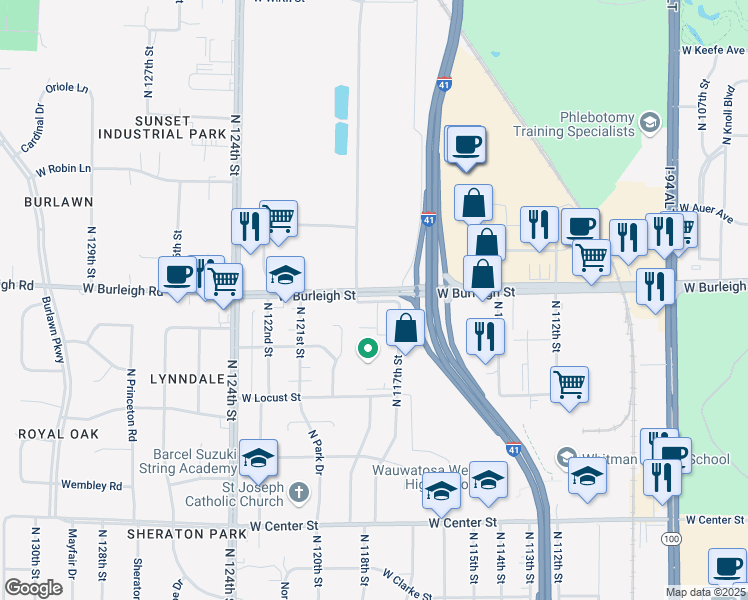 map of restaurants, bars, coffee shops, grocery stores, and more near 11711 West Burleigh Street in Wauwatosa