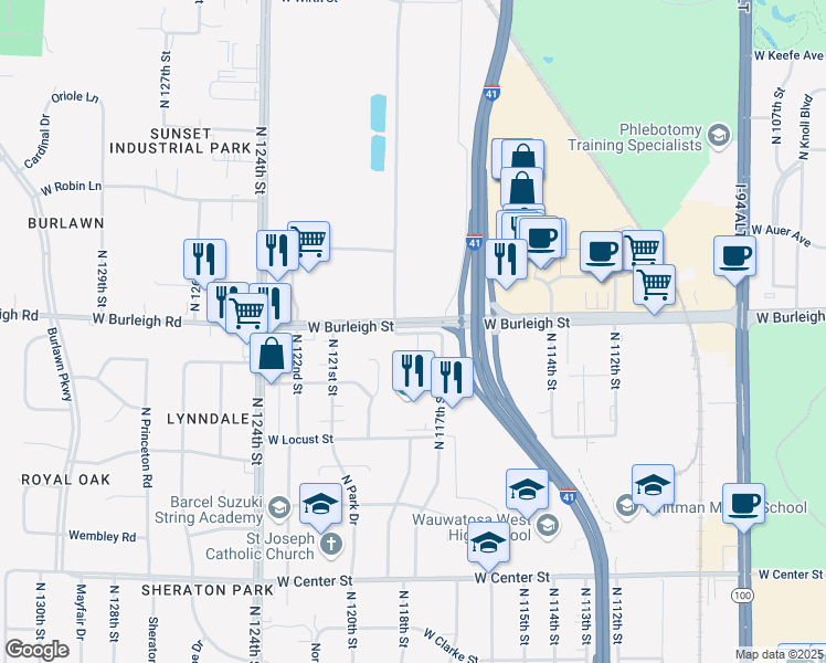 map of restaurants, bars, coffee shops, grocery stores, and more near 11711 West Burleigh Street in Wauwatosa