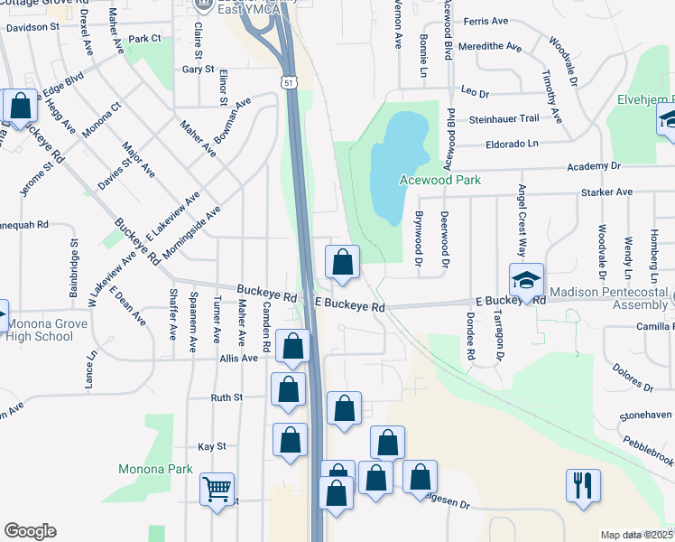 map of restaurants, bars, coffee shops, grocery stores, and more near 1713 Blossom Lane in Madison