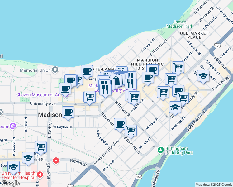 map of restaurants, bars, coffee shops, grocery stores, and more near 322 West Johnson Street in Madison