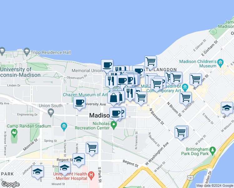 map of restaurants, bars, coffee shops, grocery stores, and more near 750 University Avenue in Madison