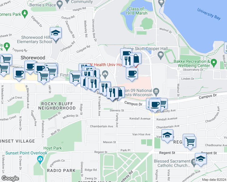 map of restaurants, bars, coffee shops, grocery stores, and more near in Shorewood Hills